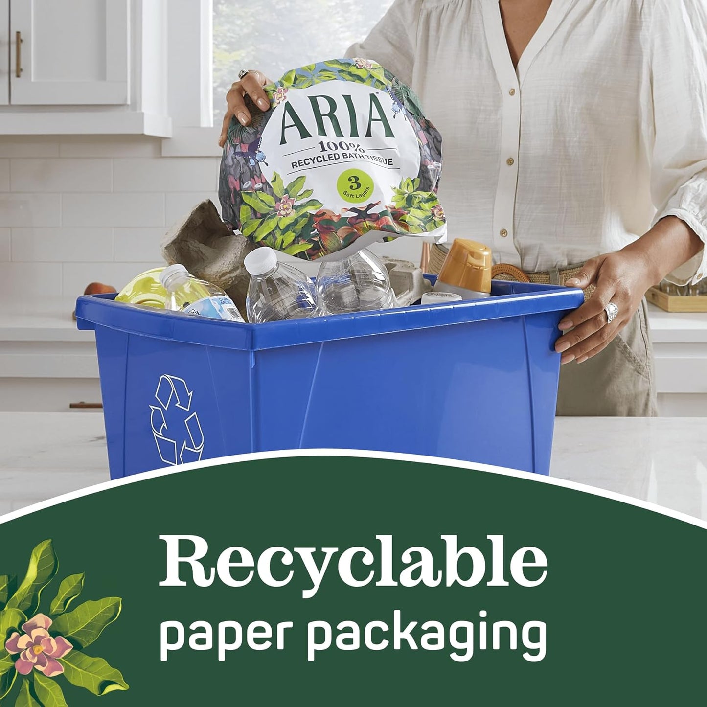 Aria 100% Recycled Toilet Paper, 1 Pack of 6 Rolls, 3 Soft Layers of Bath Tissue with Recyclable Paper Packaging