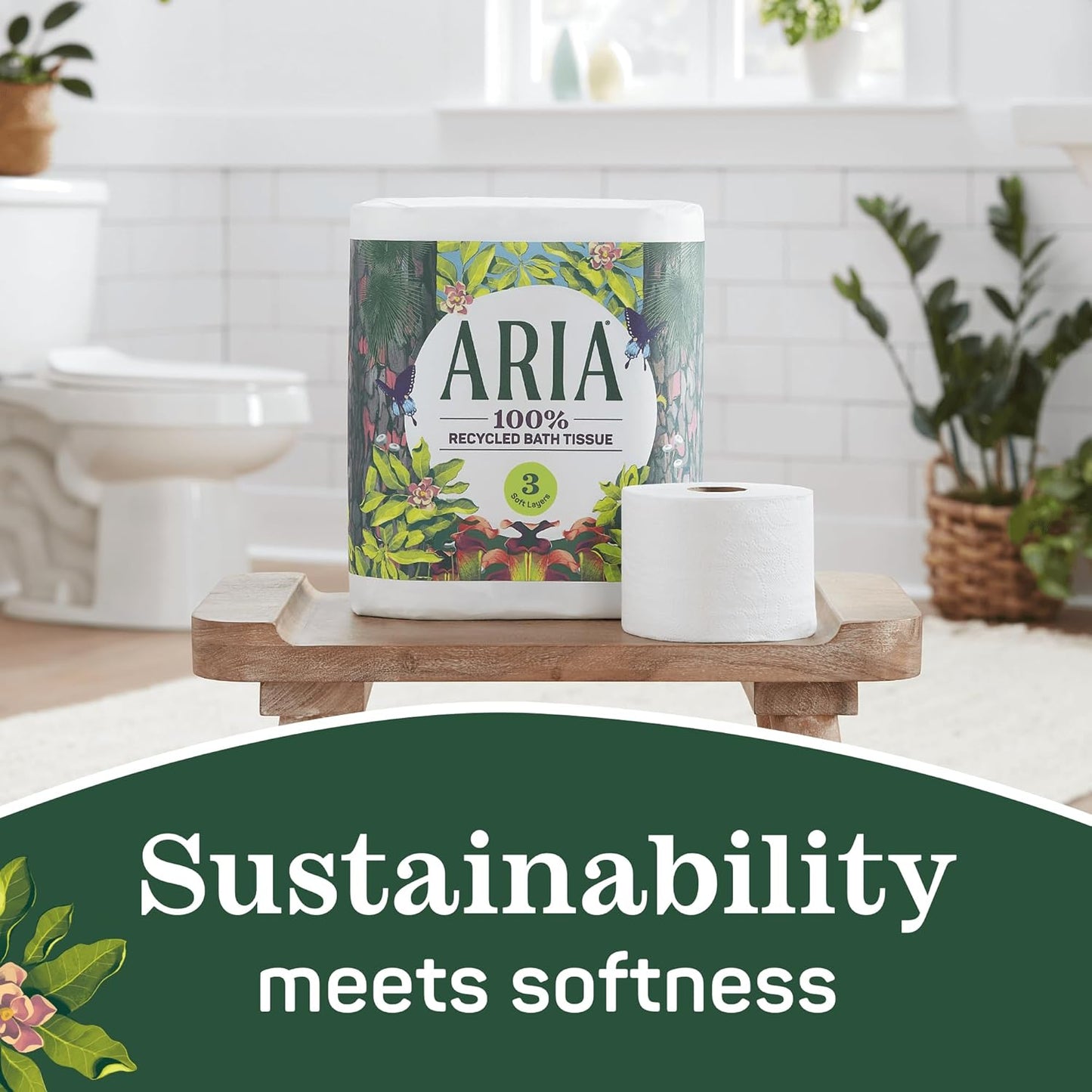 Aria 100% Recycled Toilet Paper, 1 Pack of 6 Rolls, 3 Soft Layers of Bath Tissue with Recyclable Paper Packaging